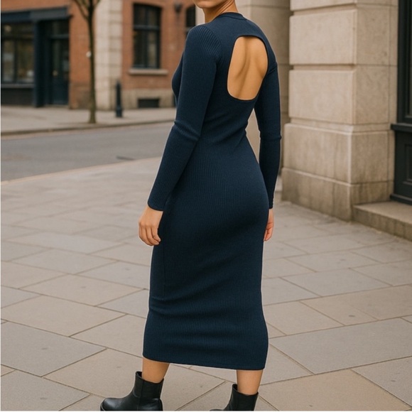 Aritzia Dresses & Skirts - Babaton Aritzia Stretch Ribbed Midi Dress Long Sleeve Blue Open Back size Medium